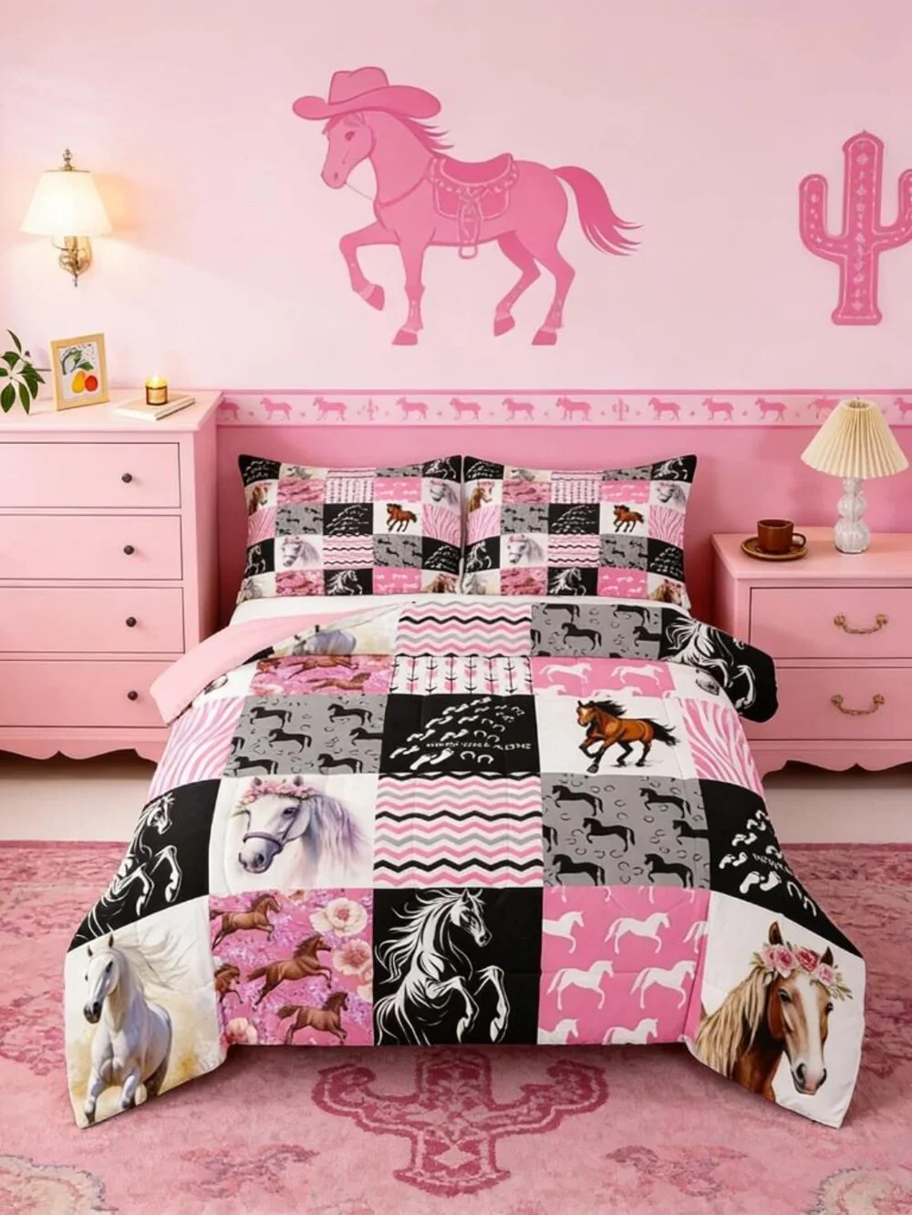 Pink Horse Bedding For Girls Full Bed,Western Cowgirl Farm Animal Comforter Set